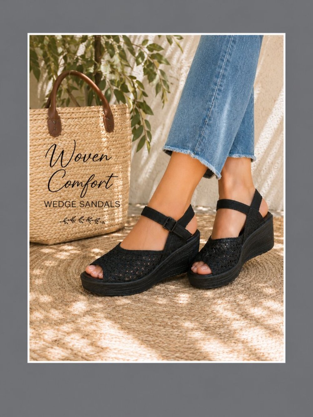 Black Woven Comfort Sandals Mary Jane Wedge Size 11 | Faded Glory